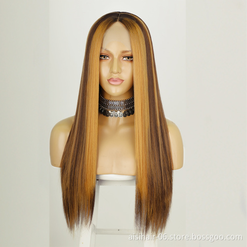 Aisi Hair straight blonde mix brown cheap wholsale premium soft fiber synthetic hair wigs with highlights lace front
